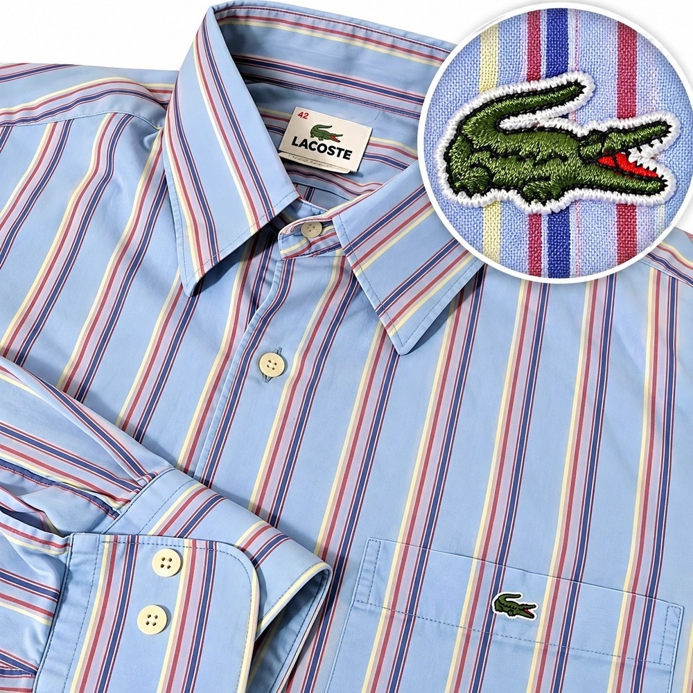 Lacoste Button Down Shirt Men 42 Blue Striped Lightweight Cotton Long Sleeve